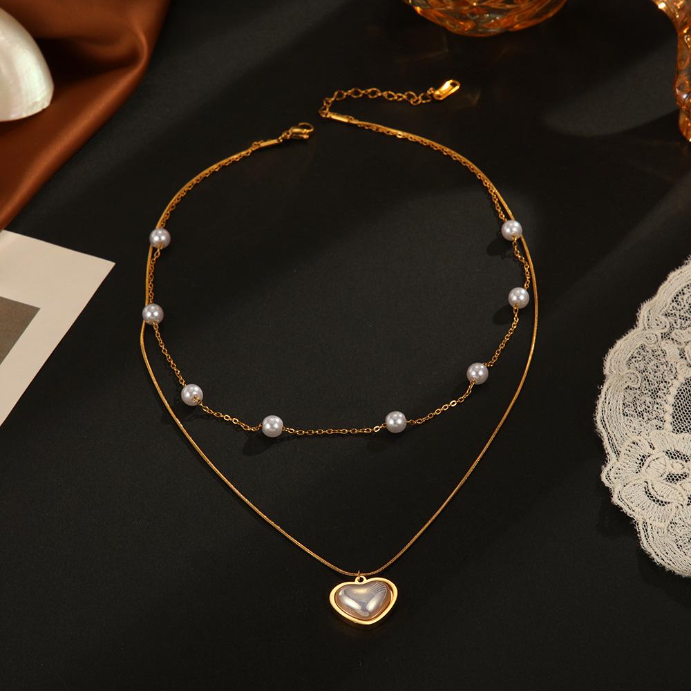 Design Temperament Versatile Love Collarbone Chain Double Pearl Necklace