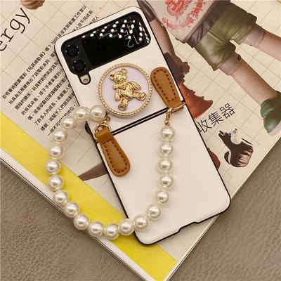 Luxury Diy Cute Bear Stand Bracket Cossbody Long Metal Chain White Leather Case Cover For Samsung Galaxy Z Flip 4 3 Zflip 4 5g
