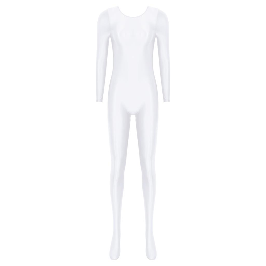 Womens Smooth Long Sleeve Bodystocking Nightwear Solid Color Round Neck Bodysuit Sleepwear