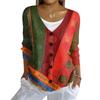 Women's Fashion Casual Knit Sweater Button-Up Plaid Patchwork Print Cardigan Jacket