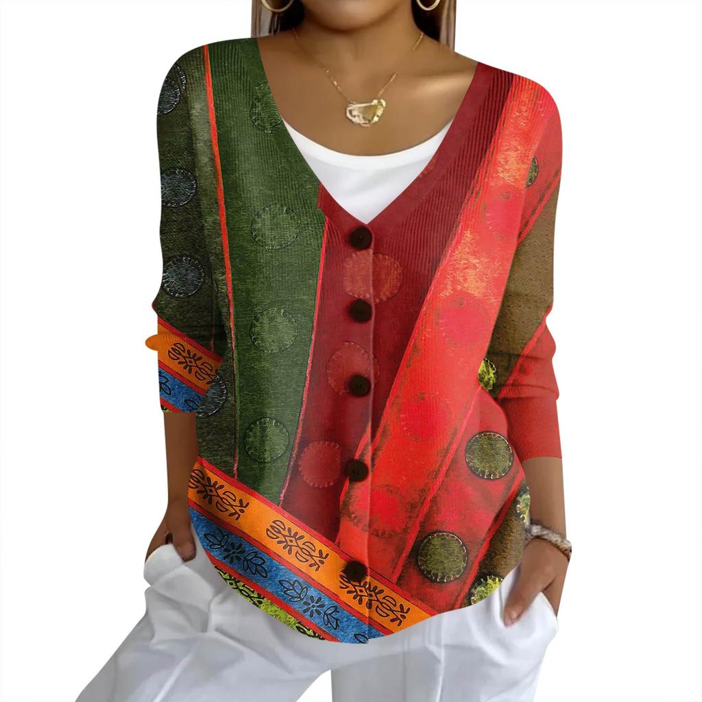 Women's Fashion Casual Knit Sweater Button-Up Plaid Patchwork Print Cardigan Jacket
