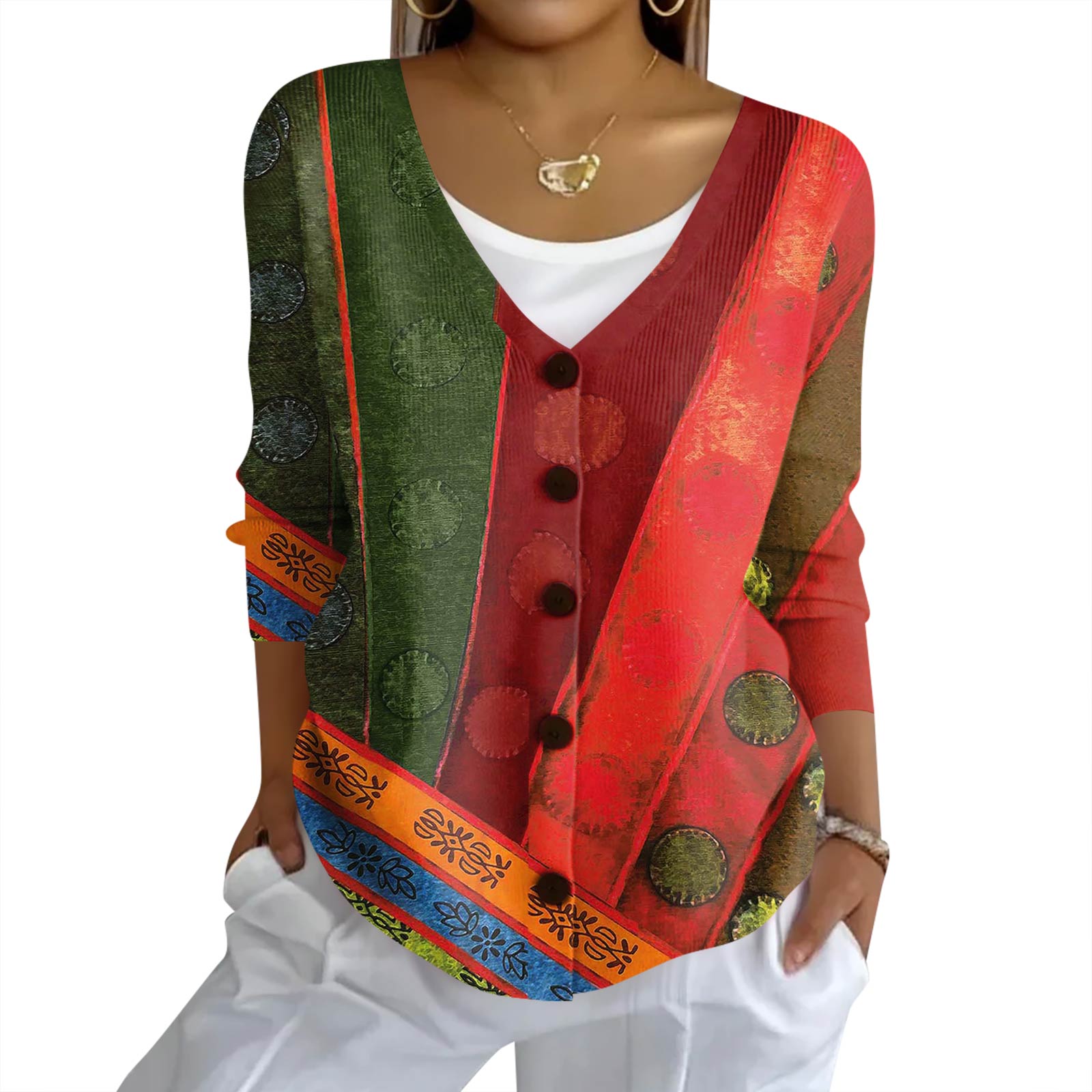 

Женский модный повседневный вязаный свитер на пуговицах с клетчатой лоскутной печатью, кардиган-жакет S киноварь