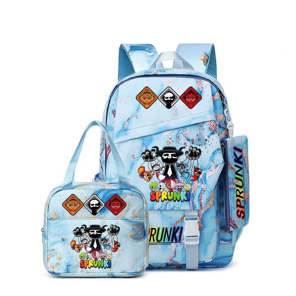 Around the box, elementary school bag sprunki cartoon backpack three-piece set D