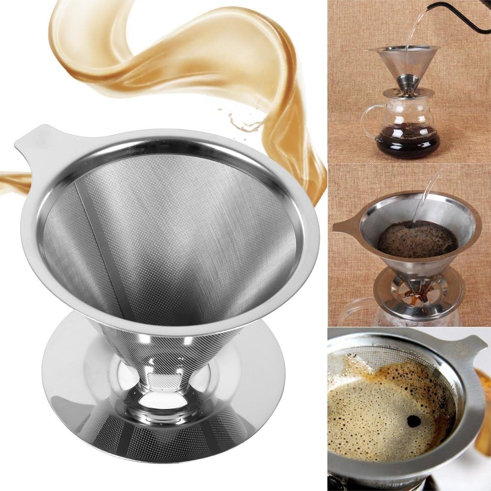 Pour Over Coffee Dripper, Cone Paperless Stainless Steel Coffee Filter with Non Slip Cup Stand Double Layer Reusable Mesh Coffee Maker for Home