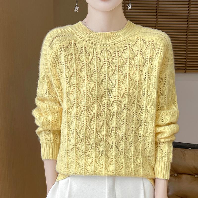 Women's Loose Wool Sweater - Half-High Neck, Diamond Cutout, Crocheted, 100% Pure Wool, Long Sleeve Knit