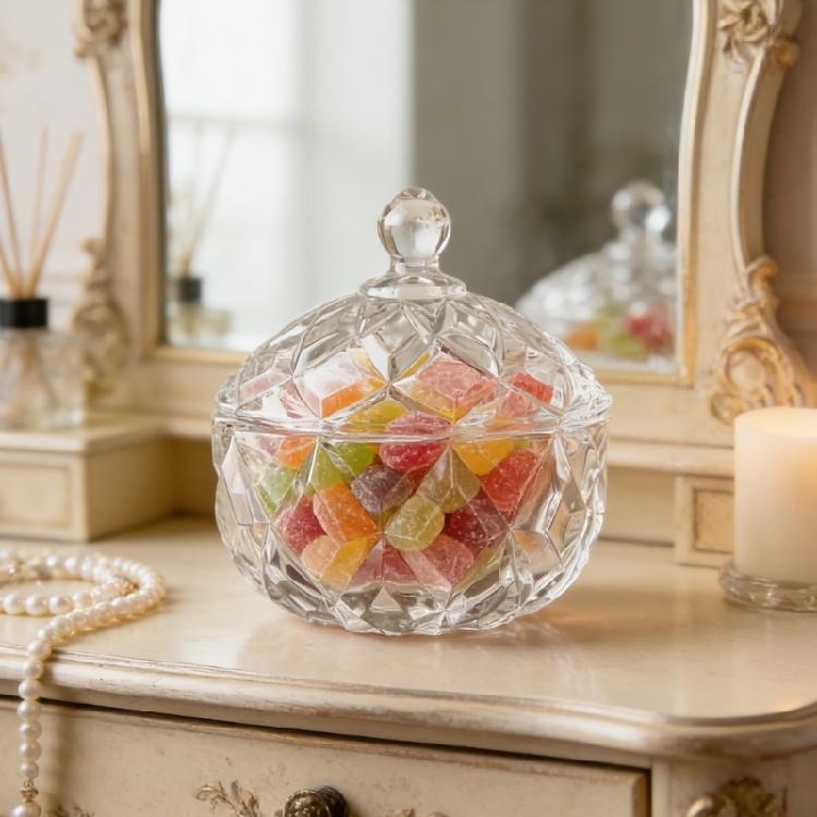 Clear Glass Crystal Covered Storage Jar with Lid for Candy Dry Fruit Dish Organizers Jewelry Trinket Box Home Decors