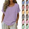 Women's Loose Fit Plaid Short Sleeve Round Neck Blouse for Casual Everyday Wear