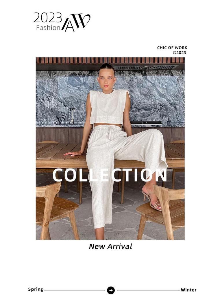 2024 Summer Women's Cotton Linen Two-Piece Set: Sleeveless Shoulder Pad Top & Trousers – European-American Casual Fashion