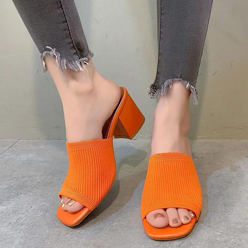Knitting High Heels Slippers Women Shoes Summer Peep Toe Dress Sandals 2024 Fashion New Beach Chunky Walking Zapatos Femme Pumps