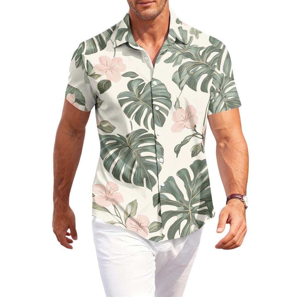Men's Casual Loose Fit Hawaiian Short Sleeve Shirt Lightweight Button Down Tropical Printed Shirt for Summer Beach Vacation