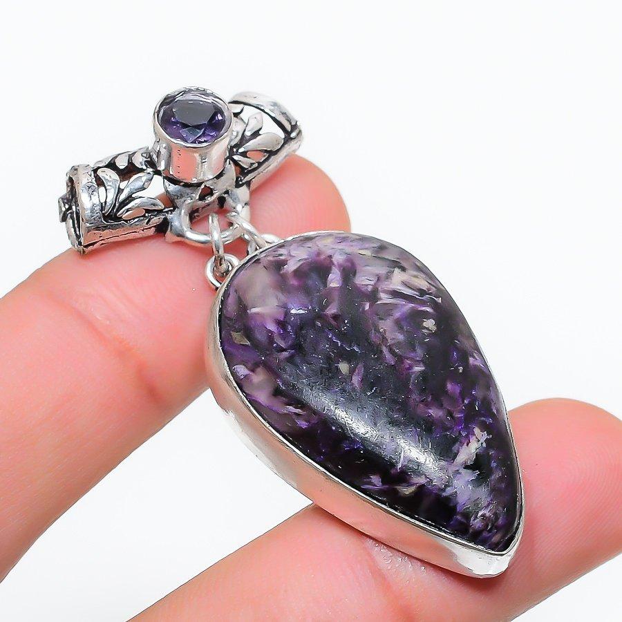 

Russian Charoite, Amethyst Gemstone Handmade Jewelry Pendant 1.97 SR-5088