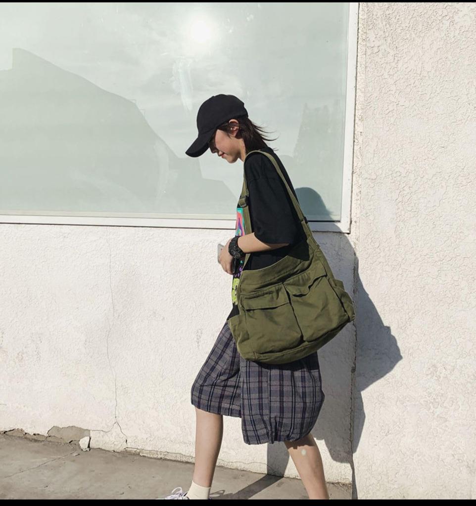 Khaki Newspaper Unisex Canvas Messenger Bag with American Casual Bag, Pockets, Style, [Used]