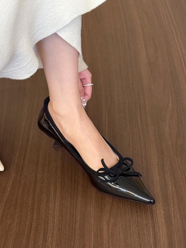 Gentleness • Rice apricot bow high heels women's 2025 new spring and summer patent leather shoes