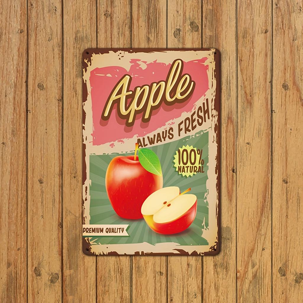 Vintage Apple Tin Sign Wall Art, Always Fresh Retro Metal Poster, Premium Quality Kitchen/Home Decor, Rustic Fruit Illustration