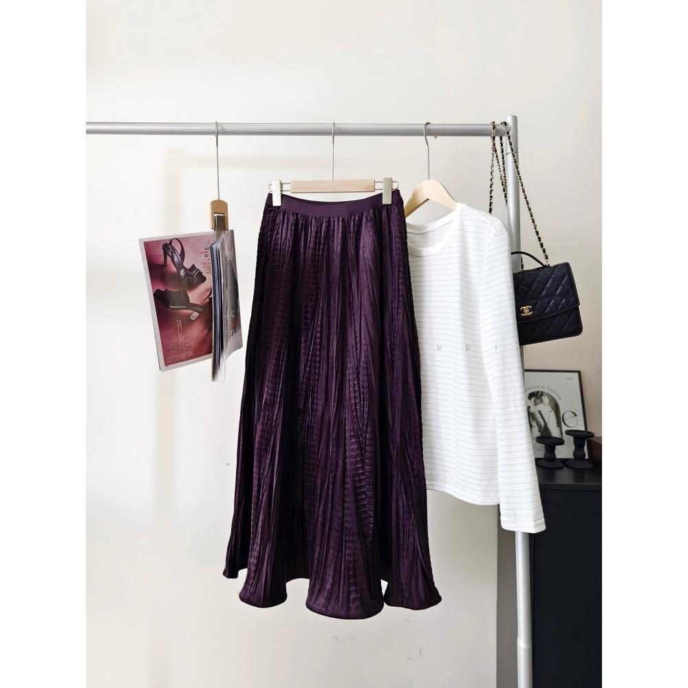 DIMANAF 2025 Autumn New Women Skirts Solid Plaid Loose Elastic Waist Pleated Elegant Long Skirts Red