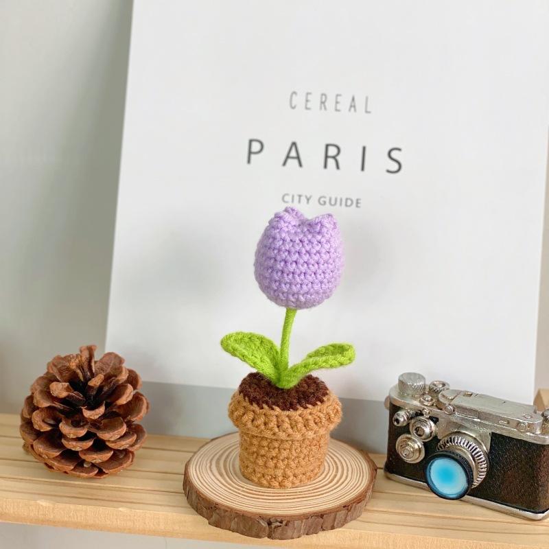 Tulips Crochet Flowers with Potted Cute Knitted Flower Tulips Artificial Palnt Easter Decoration 2025 Office Table Car Decor
