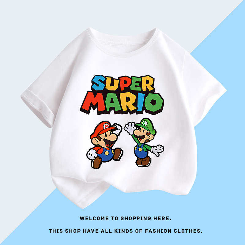 2026 Super Mario and Luigi Anime Childrens Cotton Shortsleeved Tshirt Cartoon Game Trendy Top for Boys Casual Short Sleeves
