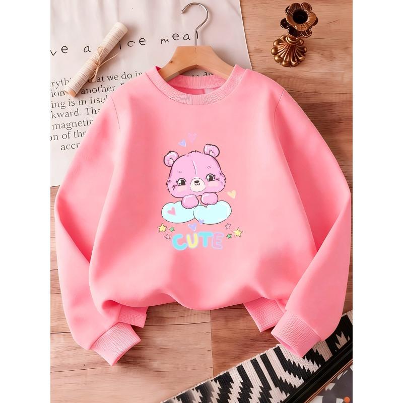 European sizes Cute Pink Bear Print Girls' Hoodie, Round Neck, Long Sleeve, for 0-3 Year Old Baby Girls, Ideal for Spring and Autumn.