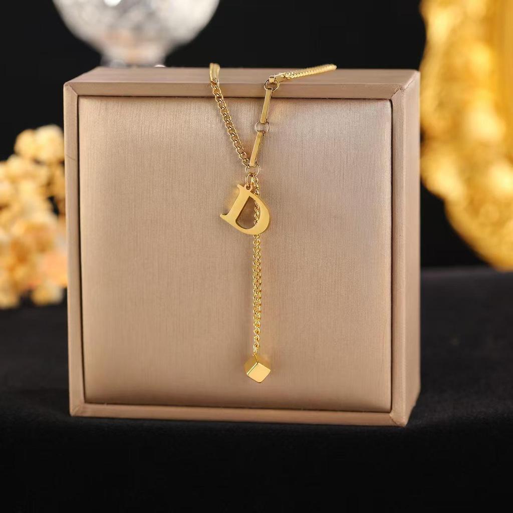 Minimalist Stainless Steel Tassel Necklace with 26-Letter Square Pendant