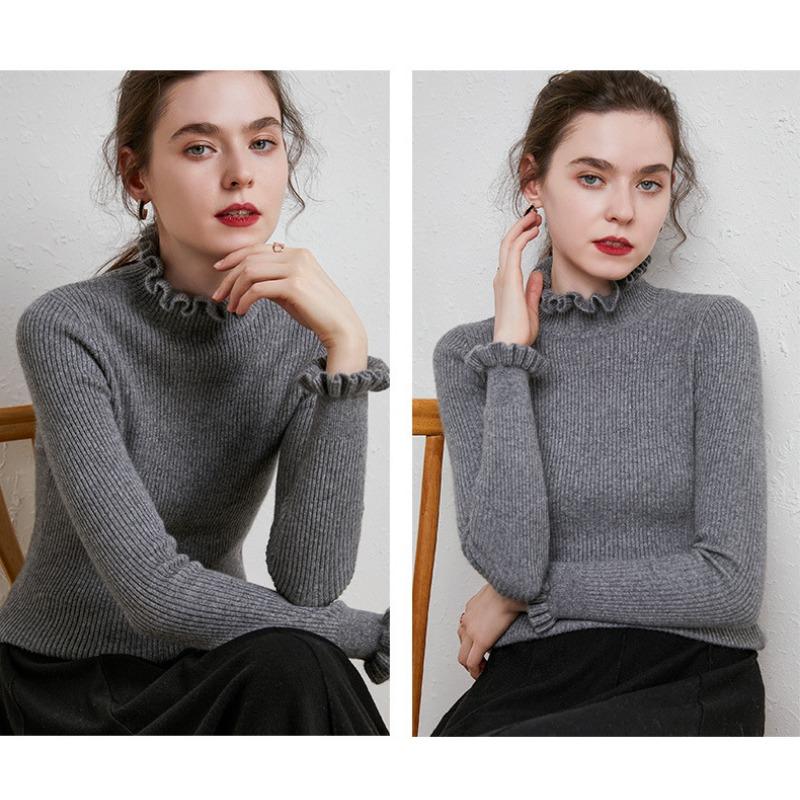 Ruffles Half High Neck Sweater Knitted Pullover Women's Long Sleeved Lace Long Sleeves Bottoming Shirt Commute Simple Casual Knitwear Autumn