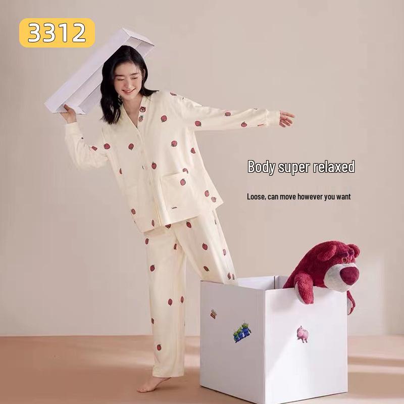 Autumn V-Neck Women's Pajamas Set: Cute Long-Sleeve, Plus-Size Homewear for Spring/Autumn.