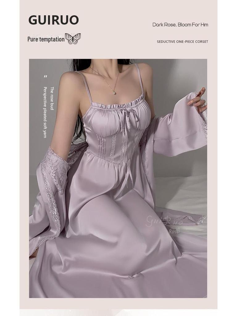 Guiruo Nachthemd-Set mit tiefem V-Ausschnitt und Spitzenbesatz und Brustpolstern