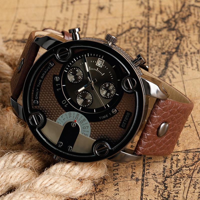 DZ Men's Quartz Watch: Fashionable Big Dial, European & American Style, Steel Band, Sporty Leather Strap.
