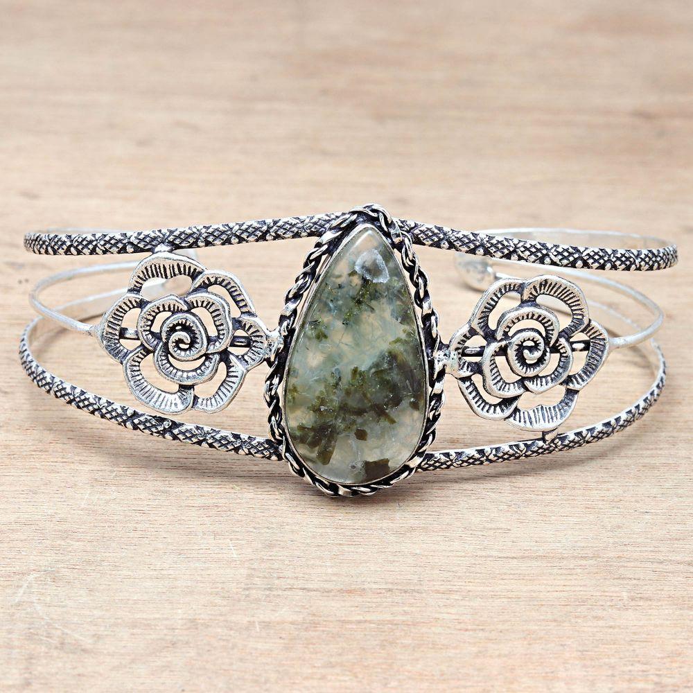 Prehnite Marlene Gemstone Handmade Silver Jewelry Cuff Bracelets 7''Adjustable
