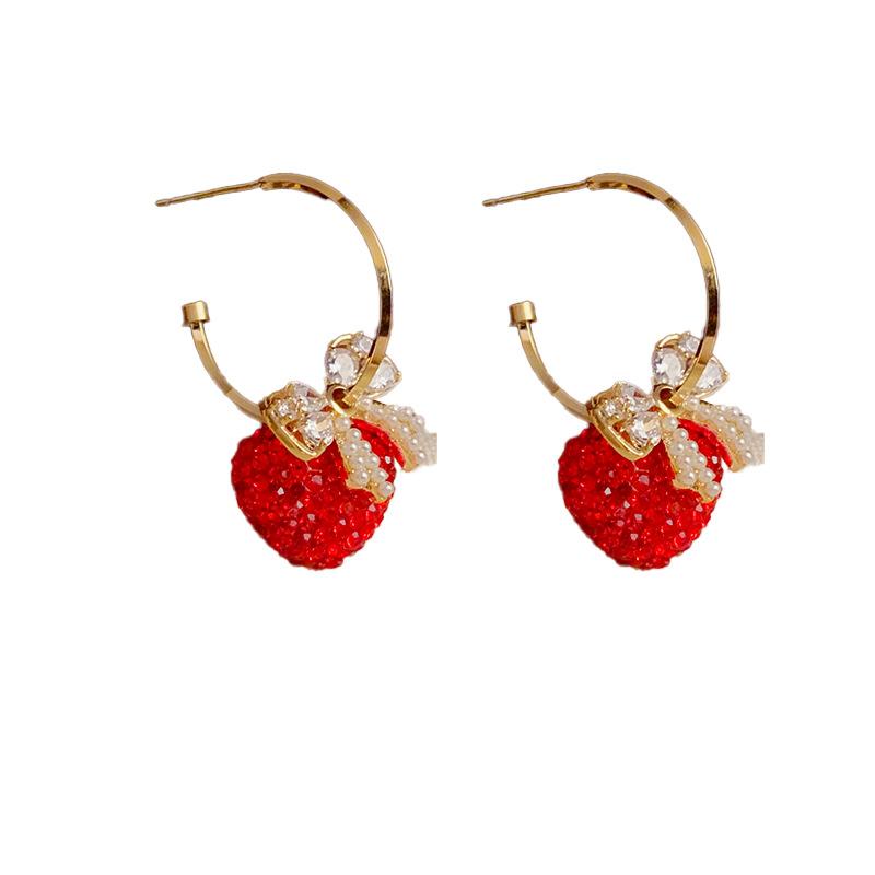 Luxury Red Full Diamond Heart Bow Knot Fashion Hoop Earrings For Women