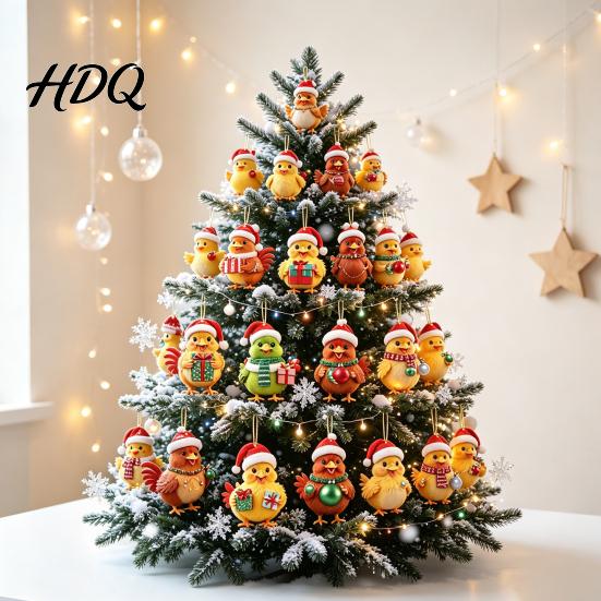 Acrylic Hanging Decorations Chicken Advent Calendar 2026 24 Days Christmas Countdown with 2D Flat Ornament Set Ornament Cartoon Pendant for