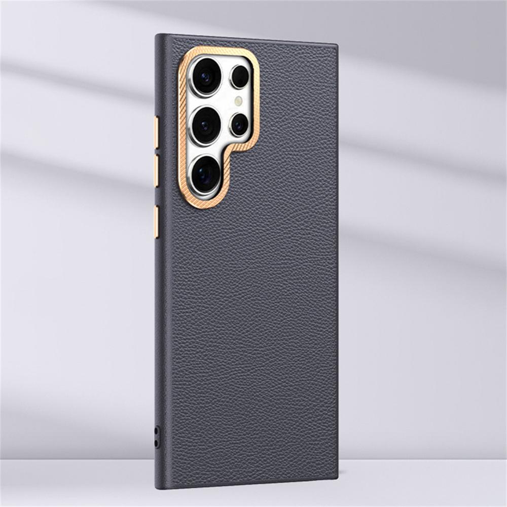 

For Samsung Galaxy S25 Ultra Phone Case Leather+TPU Back Cover with Metal Lens Frame Grey