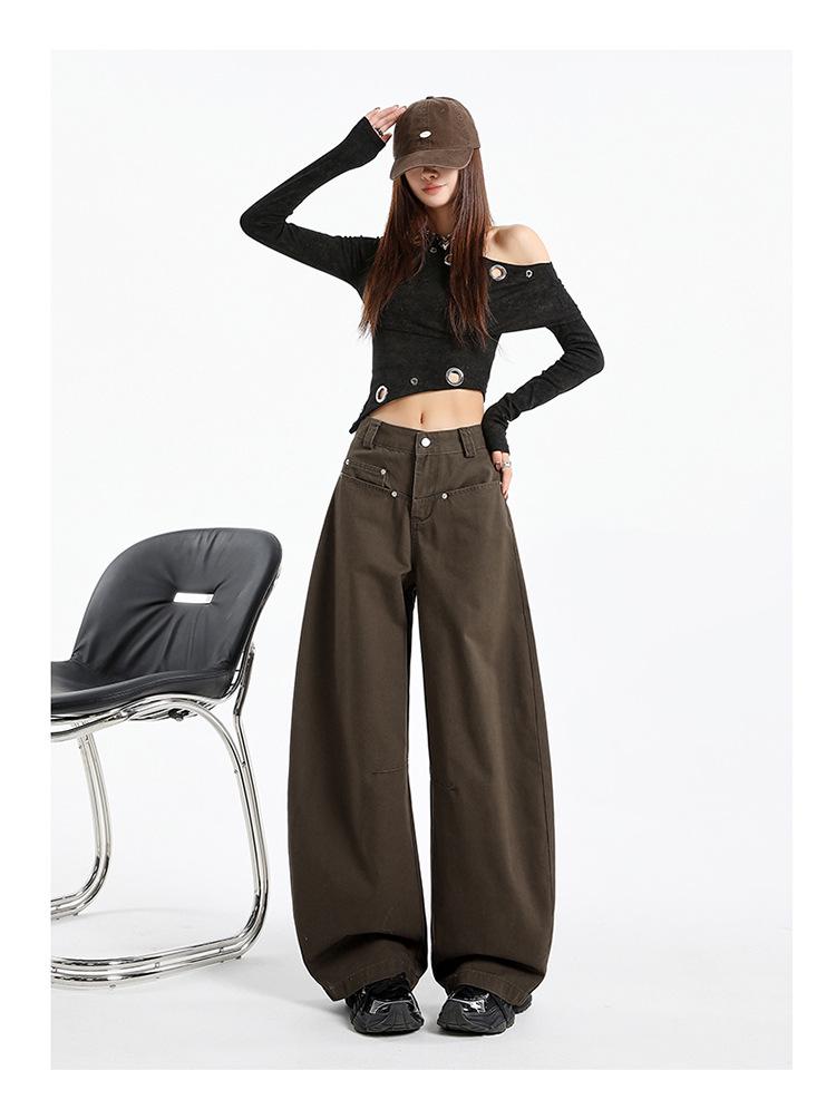 Women's Coffee Wide-Leg Jeans: Curved Cut, 2025 Fall/Winter, Loose, Slimming, Versatile, Floor-Length.