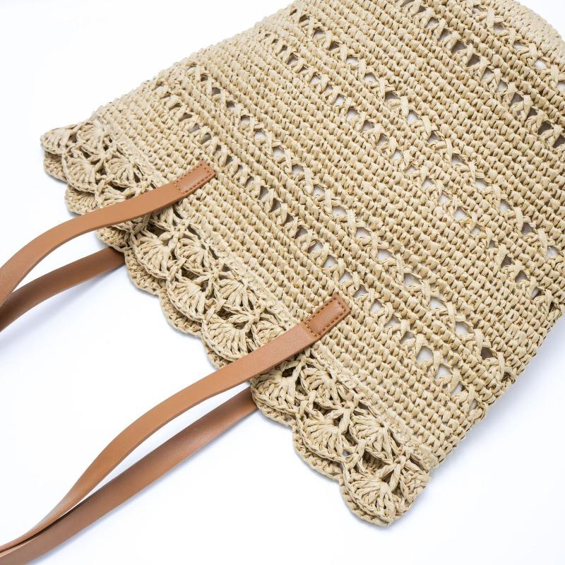 Paper rope lace straw bag handmade zipper woven bag large capacity shoulder canvas lined beach tote bag