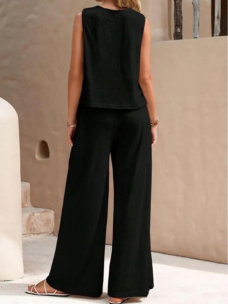 Elegant 2025 Solid Color Crew Neck Tank Top & Wide-Leg Pants Set for Women