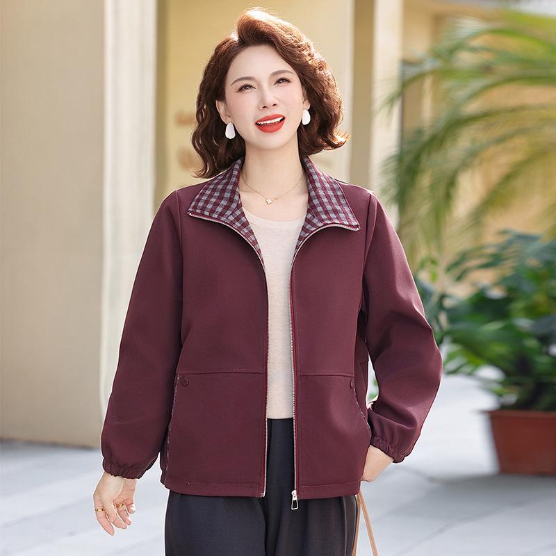 

Spring Arrival: Women s Plaid Patchwork Zipper Jacket for Moms 2XL (52.5-60 kg) вино красного
