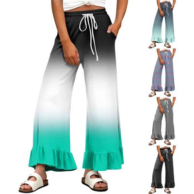 Women's Wide-Leg Casual Pants With Drawstring, Stretch, High Waist, Ruffled Hem, Wide Legs, Belted, And Pockets
