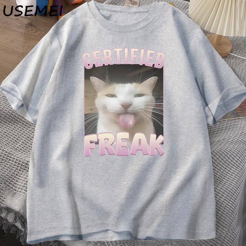 Certified Freak Funny Cat Meme T-shirt Man Short Sleeve T-shirt Men Clothes Y2k Graphic T Shirts Oversized Tees