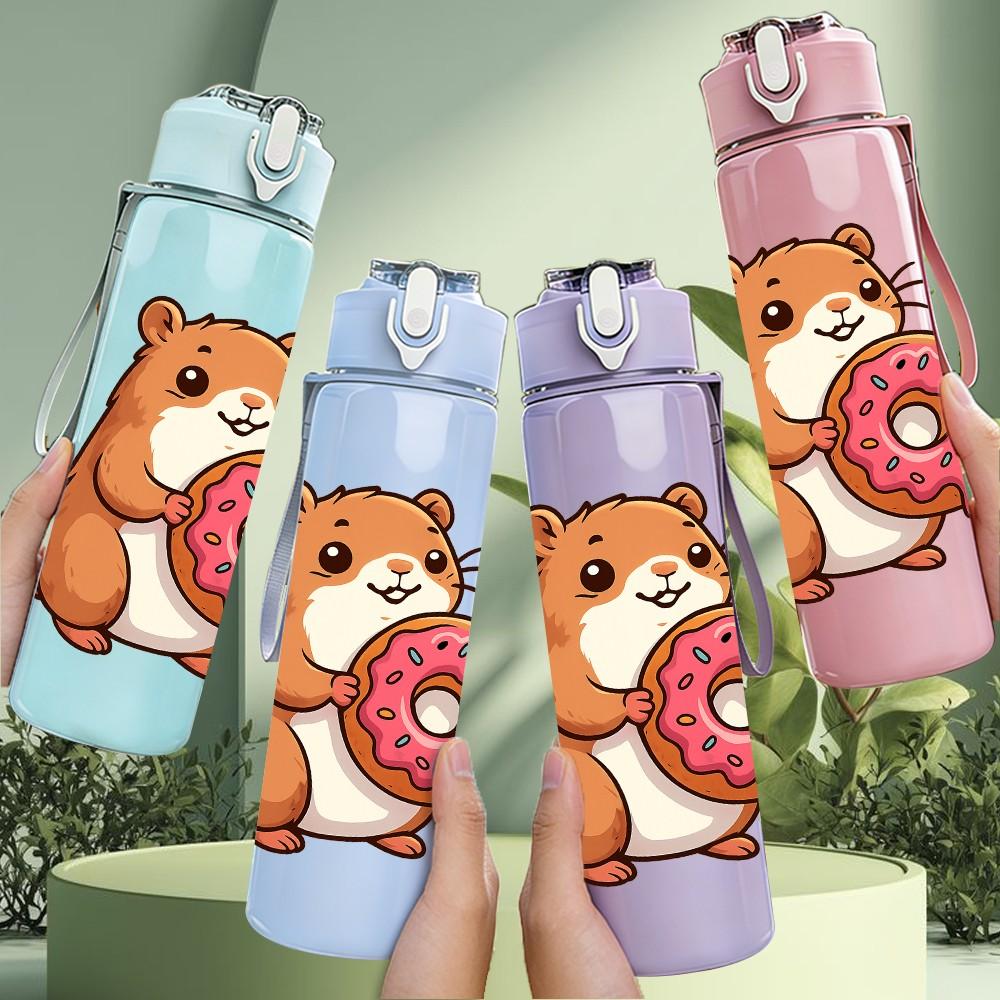1PC Capybara Eat Donut Cute Pattern 750ml Color Plastic Sports Water Bottle Leakproof Flip Straw Lid Suitable for Sports Office Home Use