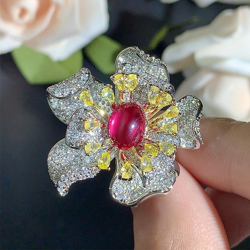 Set Accessories Bright Ruby Flower Ring Necklace Earrings High-end Light Luxury Fashion Women's
