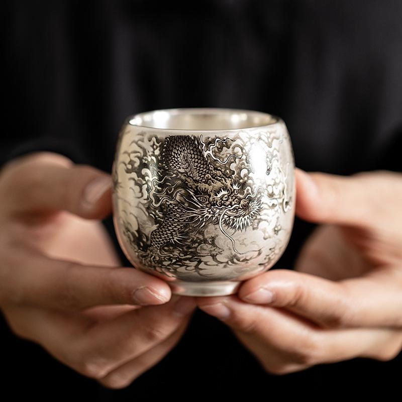 Luxury Year of the Dragon Silver Gilded Tea Cup, Large Capacity for Home or Office