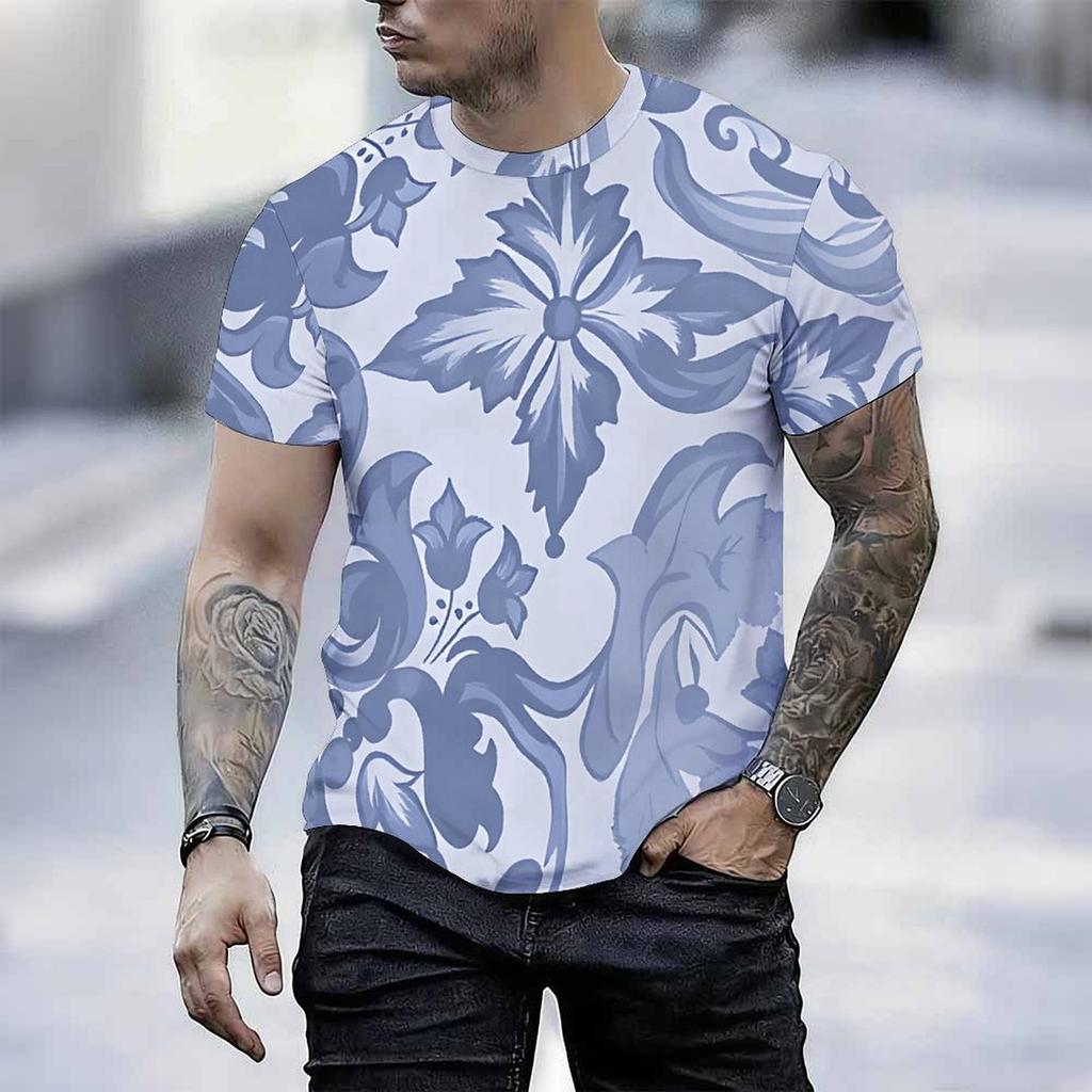 Women Short Sleeve Crew Neck T Shirt Dark Navy Pink Hibiscus Green Tropical Palm Leaf Print Top