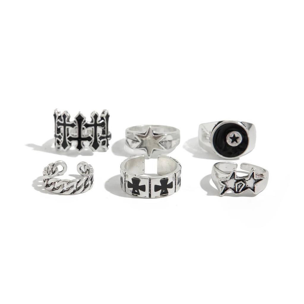 Ingemark 6 Pcs/Set Punk Hip Hop Irregular Star Cross Adjustable Rings Men Creative Silver Color Open Finger Rings Street Jewely