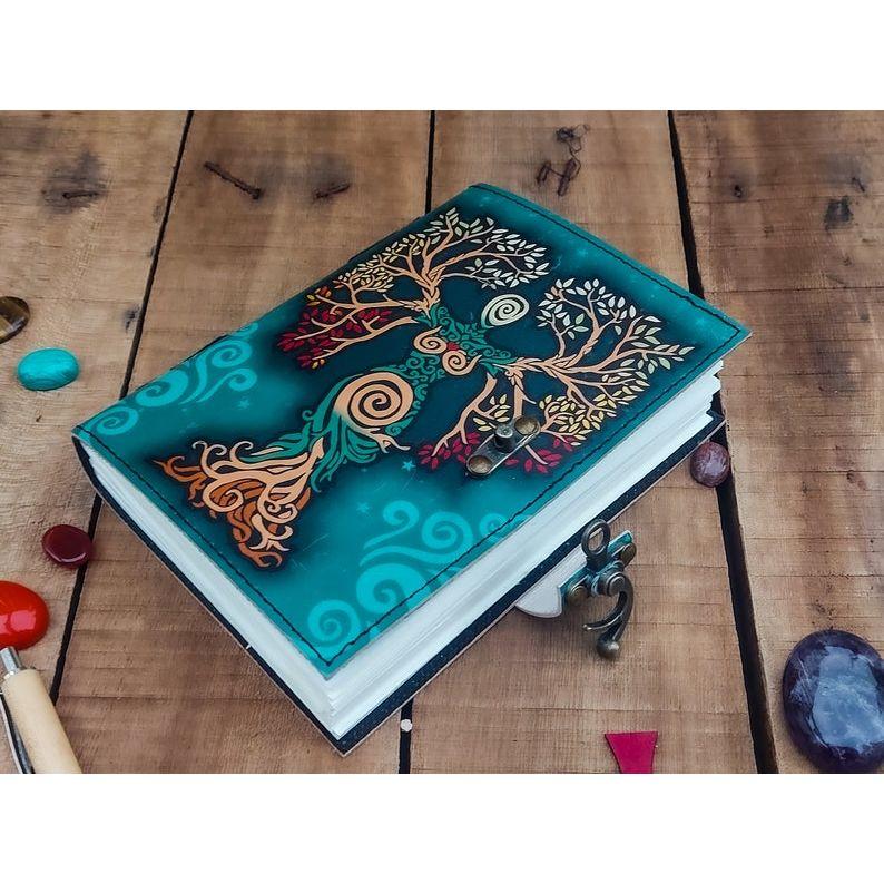 Blank Spell Book of Shadows Journal with Lock Clasp Handmade Leather Diary Printed Mother Earth Prayer Pagan Witchcraft notebook