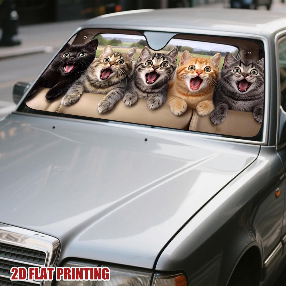 1Pcs Surprised Kittens Pattern Windshield Sunshade UV Rays Heat Blocker Keeps Vehicle Cool Unique Design Fit Sedans SUVs RVs