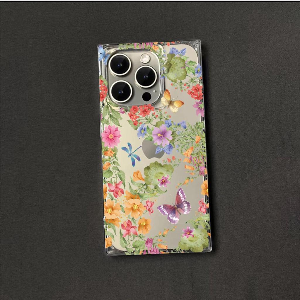 Clear Square Back Tube Case Protection For iPhone 15 Plus 14 Pro Max 13 16 ProMax 11 12 Anti-Oxygen,Flower Butterfly Pattern Casing