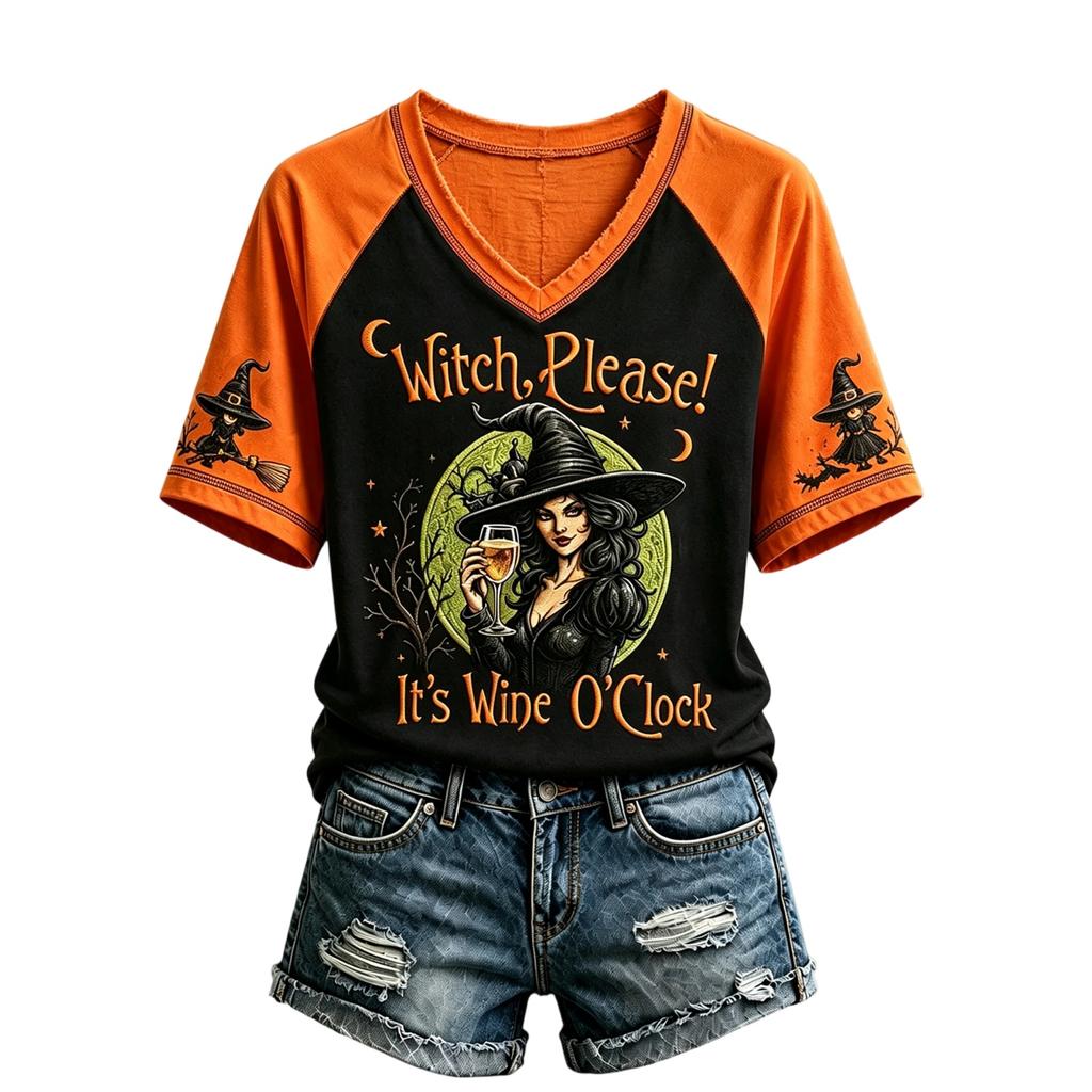 Women's V-Neck Short Sleeve T-Shirt with Halloween Print and Raglan Sleeve, Casual Fit