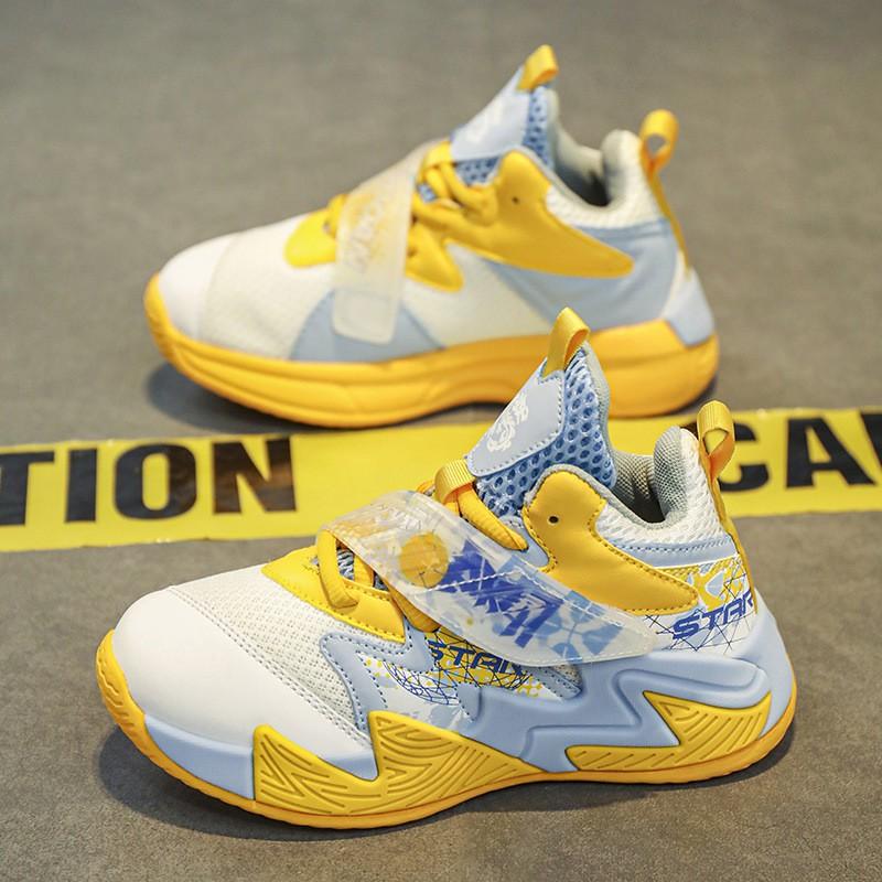 Kids Basketball Shoes Boys Non-Slip Durable Training Sneakers With Breathable Mesh Upper Hook-and-Loop