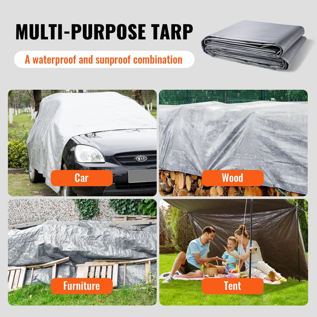 VEVOR Tarp Waterproof 609.6 X 914.4 Cm, Plastic Poly Tarp Cover 0.25 Mm
