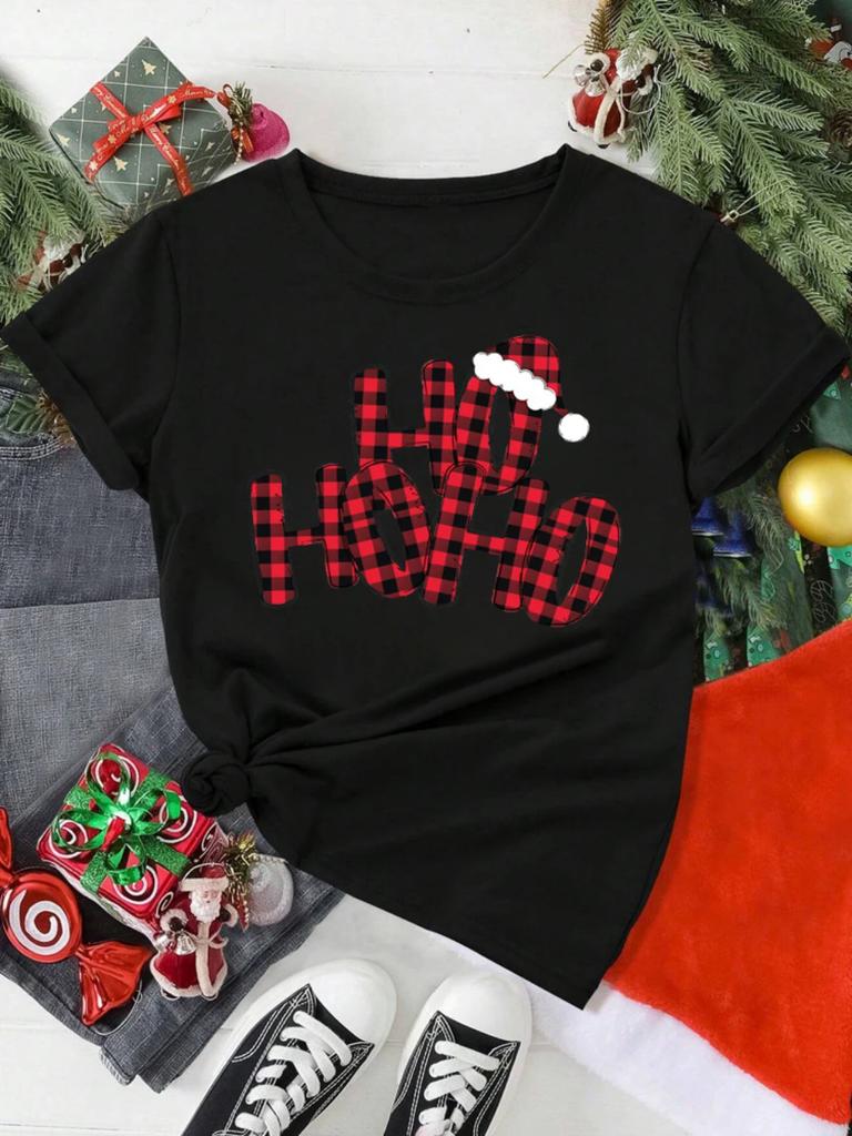 HO HO HO Christmas Hat Pattern Tshirt Loose Breathable Holiday Activities Shortsleeved Tshirt Unisex Women Unisex Casual Tops