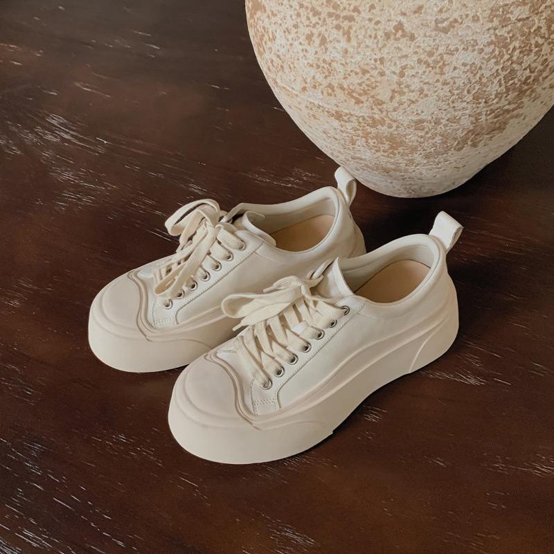 Cowhide version~ Versatile round head casual sports board shoes inner height increase thick sole old white shoes women